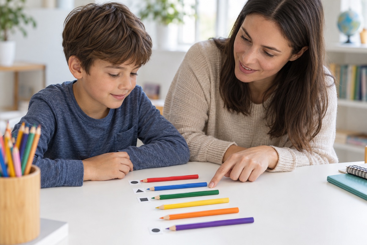 A child and an adult using coloured pencils with shape markers as additional cues.