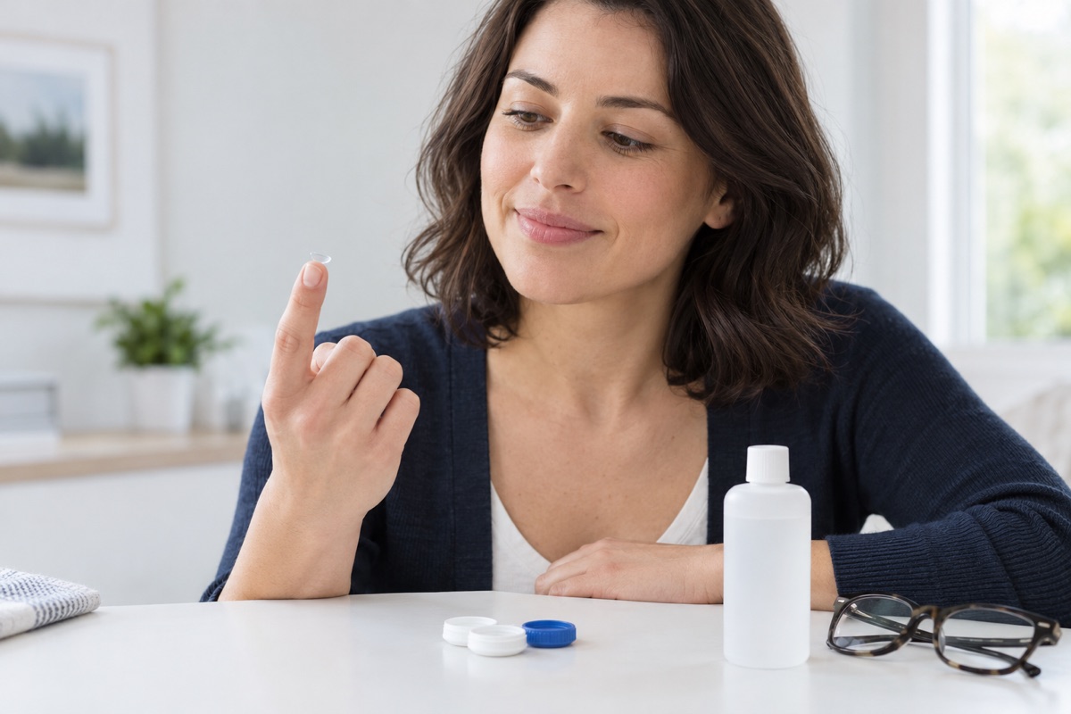 A woman inspecting a soft contact lens on her fingertip beside a lens case, solution bottle and spectacles.