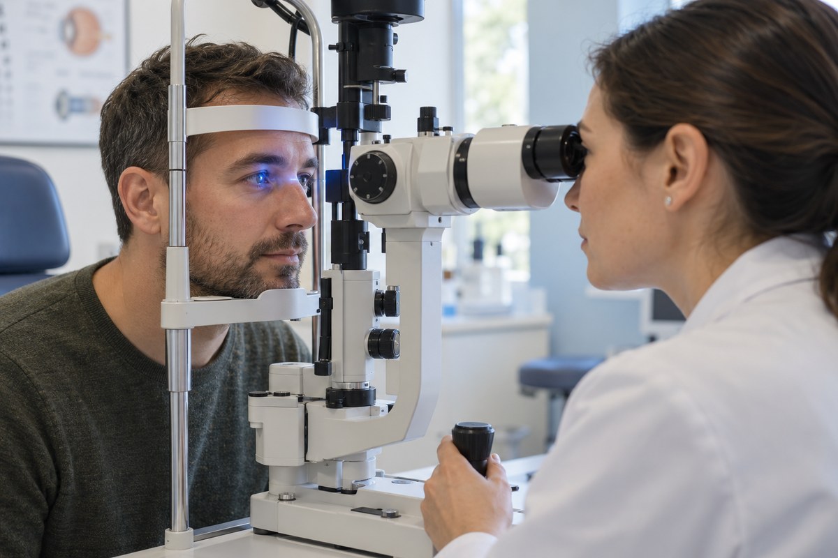 A clinician examining a man’s cornea at a slit lamp using blue examination light.